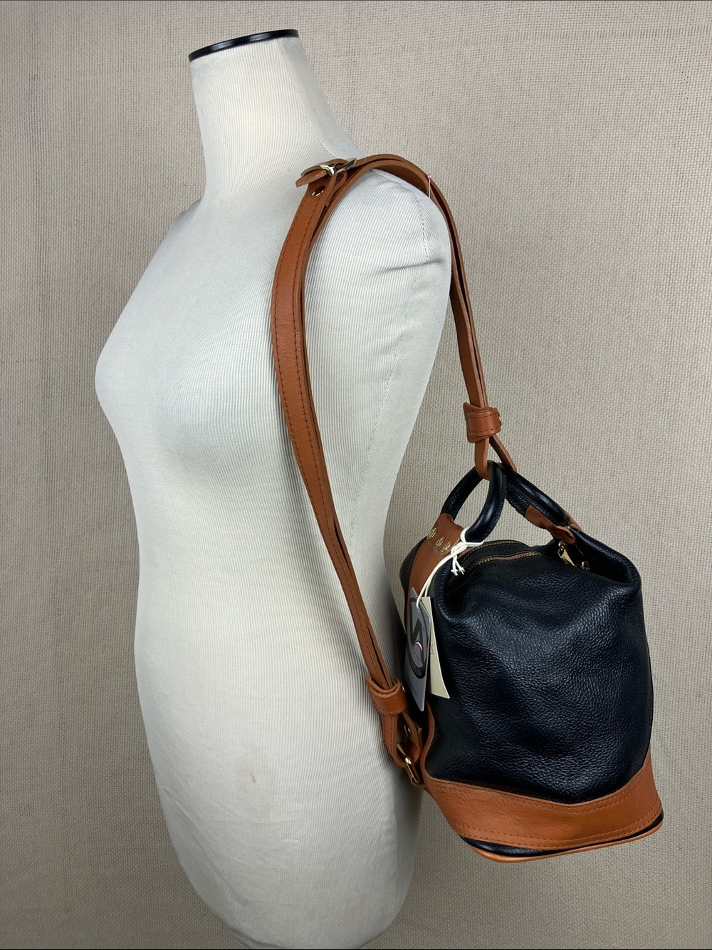 Valentina Leather Sling Shoulder Bag Black Tan NWT